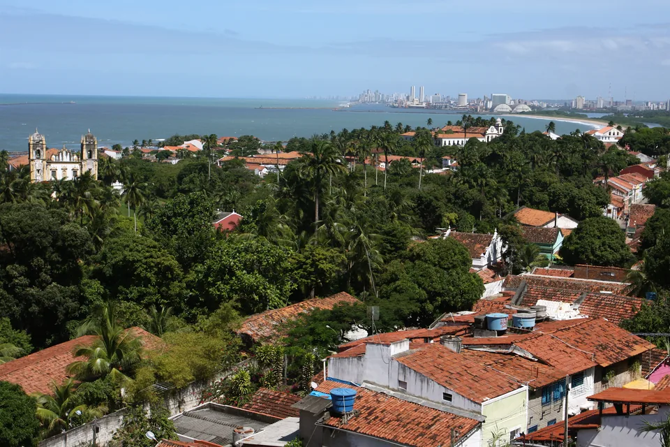 Techos coloniales y palmeras de Olinda con el mar y los edificios de Recife al fondo